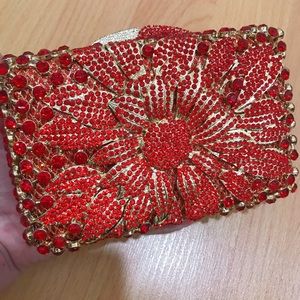 wedding clutch prom flower bridal red gold bling holiday Christmas diamond cuz